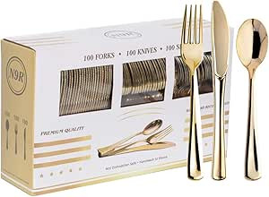 N9R 300PCS Gold Plastic Silverware - Heavy Duty Gold Plastic Cutlery Set Disposable Flatware Dinn... | Amazon (US)