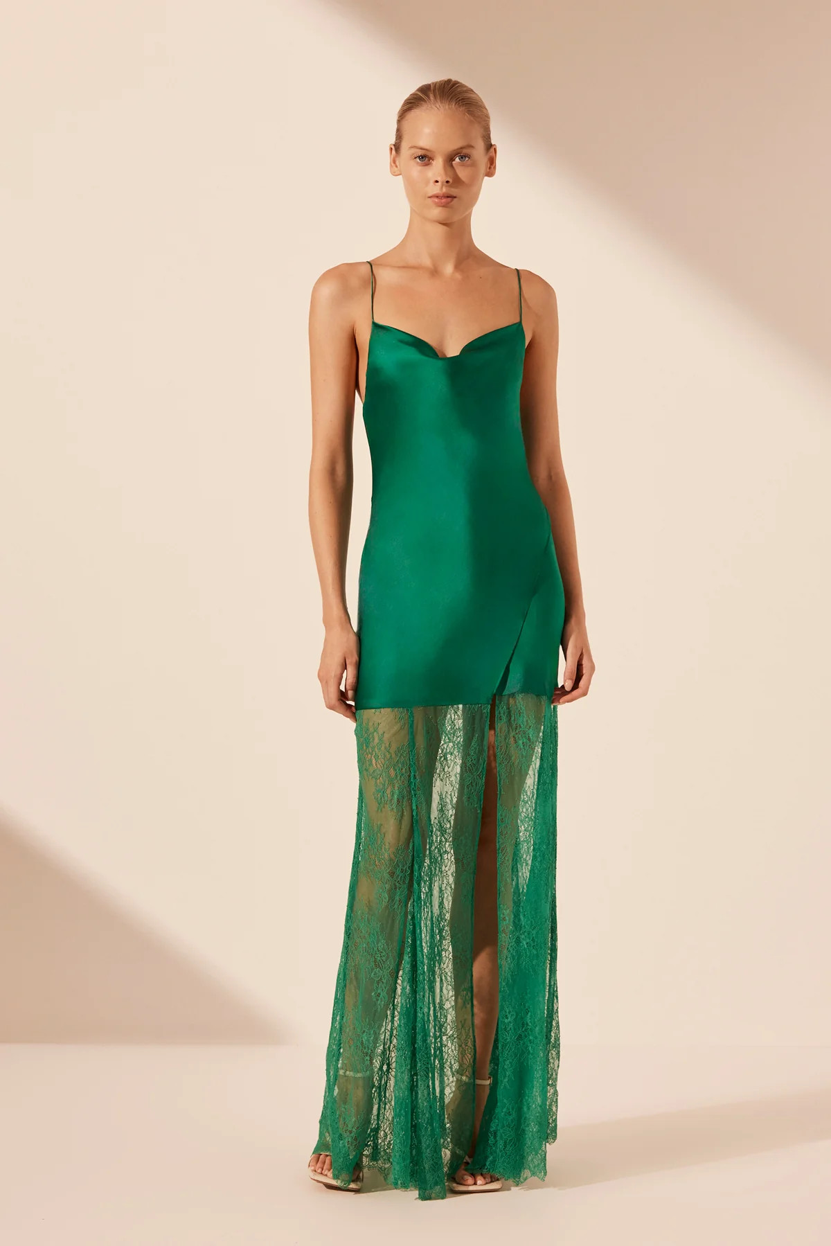 ELLE SILK LACE COWL MAXI DRESS | EMERALD GREEN | DRESSES | SHONA JOY | Shona Joy