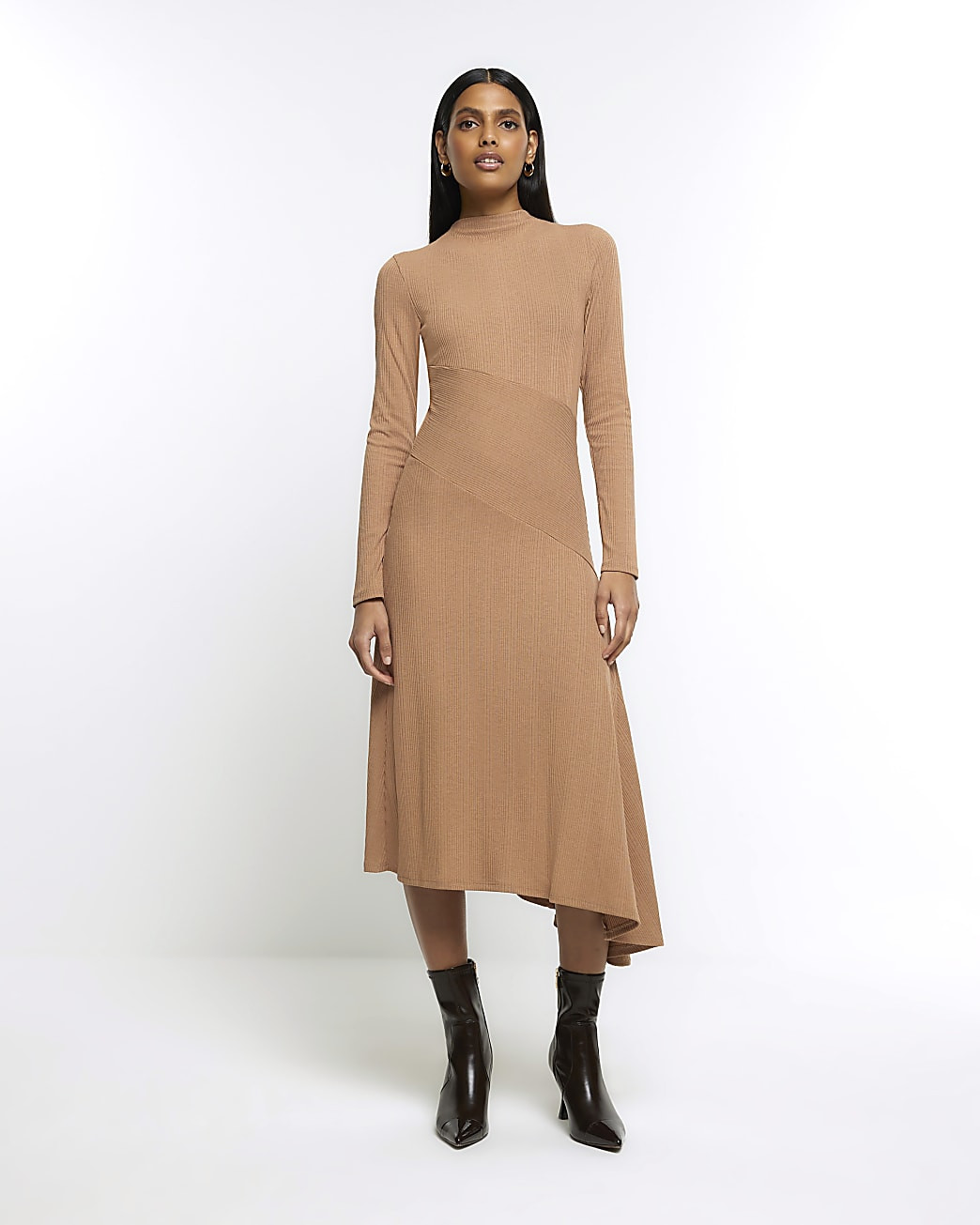 Beige rib asymmetric bodycon midi dress | River Island (UK & IE)