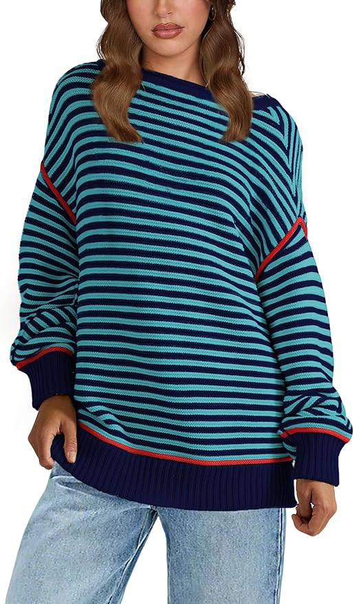 Women's Oversized Striped Sweater Long Sleeve Crew Neck 2025 Fall Pullover Sweater Tops | Amazon (US)