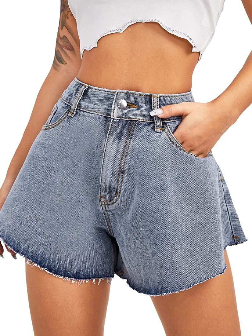 SweatyRocks Women's Casual Rhinestone Fringe Raw Hem Ripped Denim Jeans Shorts | Amazon (US)