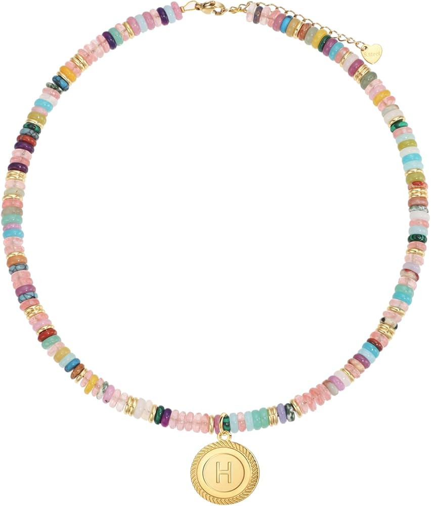 Handmade Jewelry Initial Necklace Gemstone Beads Necklaces for Women Boho Choker Necklace Natural... | Amazon (US)