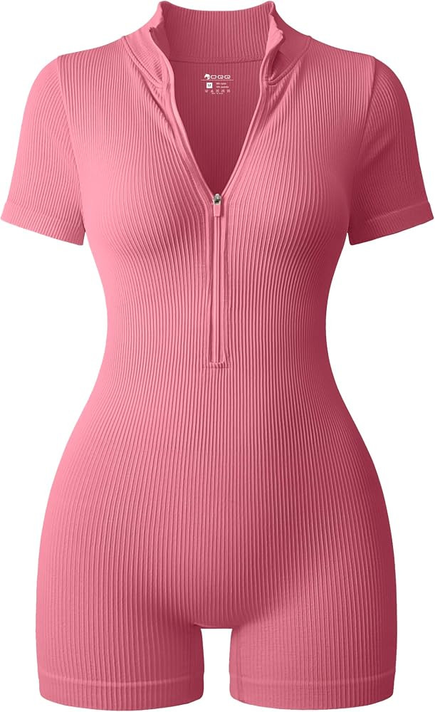 OQQ Women Rompers Ribbed Short Sleeve Zip Front Stretch Tummy Control Yoga Workout Rompers | Amazon (US)