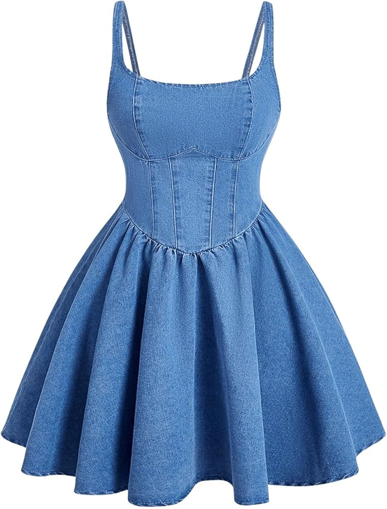 WDIRARA Women's Casual Square Neck Denim Dress Ruffle Hem A Line Mini Dress | Amazon (US)