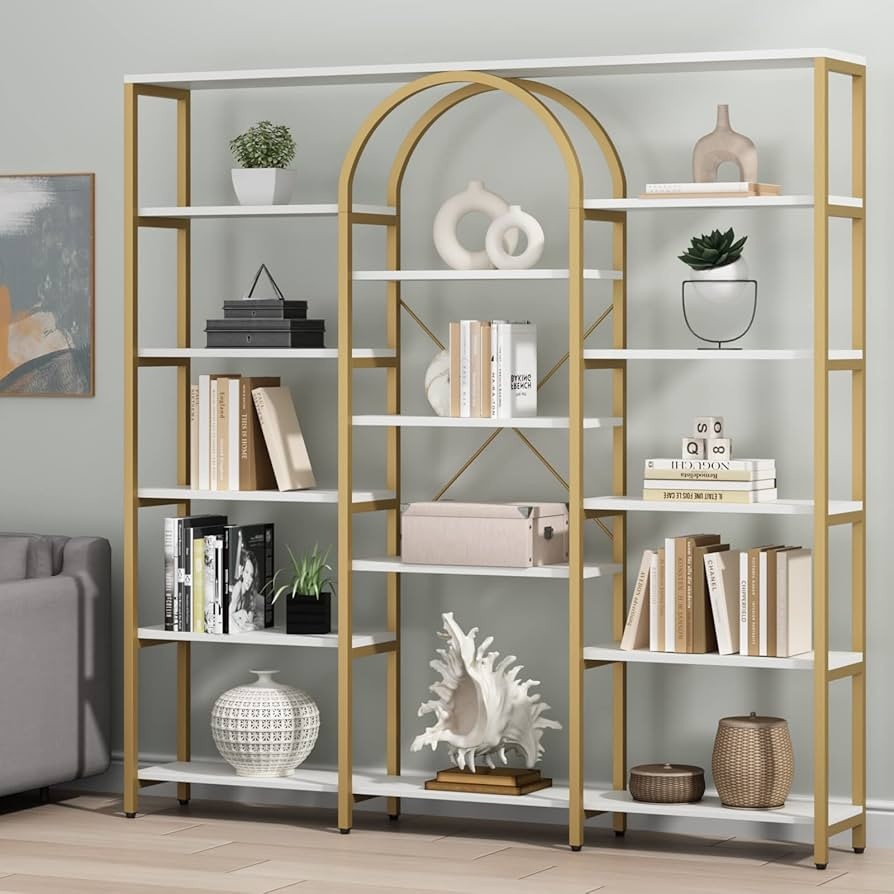 Triple Wide Gold Bookshelf, 70.87" W x 71.34" H Large Modern Etagere Bookcase, Tall Display Shelf... | Amazon (US)