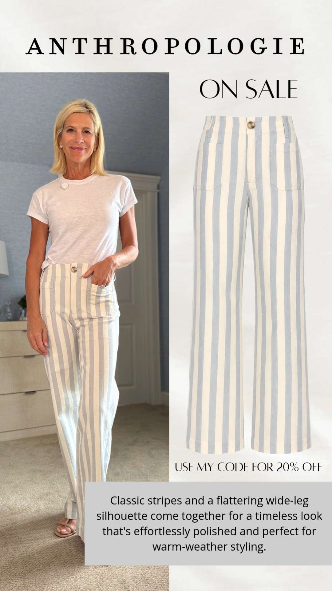 These striped wide-leg pants are the perfect mix of classic and effortless! 💙 I love the blue-and-white stripes paired with a simple white tee for a fresh summer look. Even better, they're 20% off with code ANGELA20!

❤️ Heart = Support my posts
📌 Save = Get sale & restock alerts
🛍️ Follow me on LTK for more effortless style. 

 #LTKootd #LTKOver40 #LTKSaleAlert