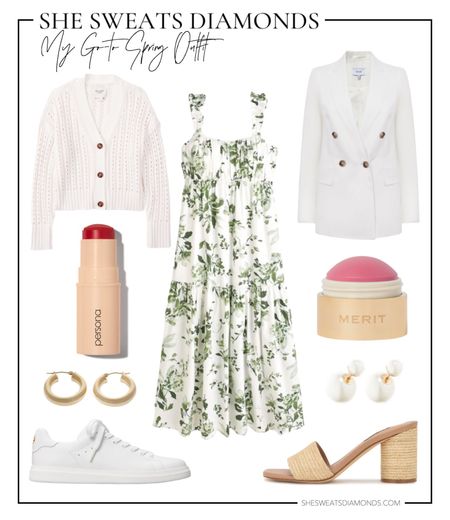 My go-to spring outfit: one green and white floral dress two ways! Dressed down: white cardigan, gold hoop earrings and white leather tennis shoes. Dressed up: white double-breasted blazer, pearl earrings, and raffia mules!

#LTKstyletip #LTKSeasonal