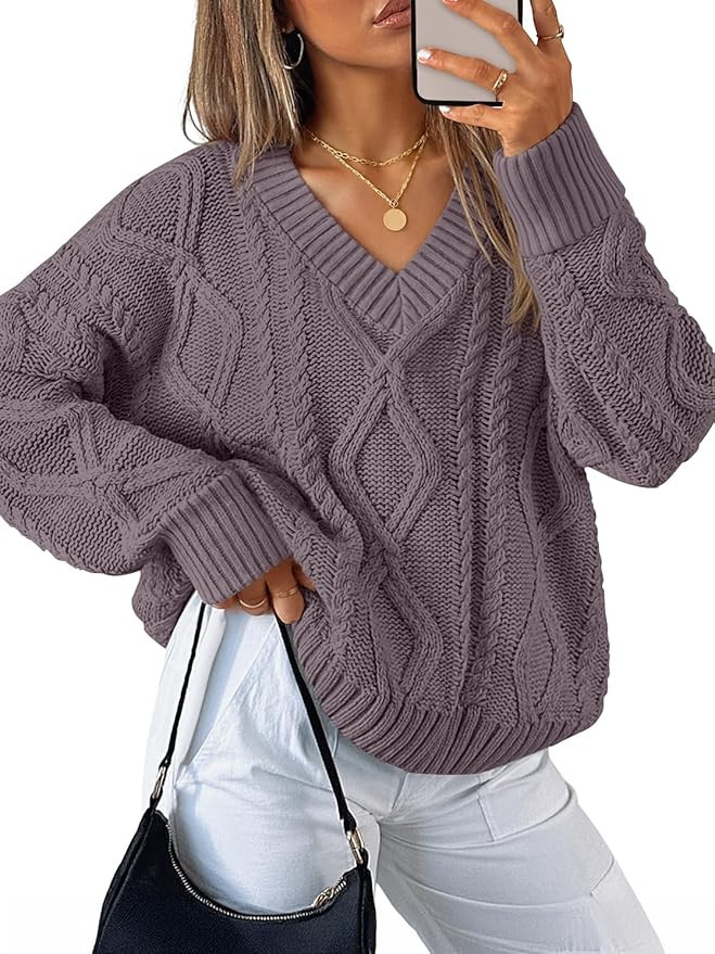 ZESICA Women's Fall Oversized Sweaters 2025 Casual Long Sleeve V Neck Cable Knit Trendy Pullover ... | Amazon (US)