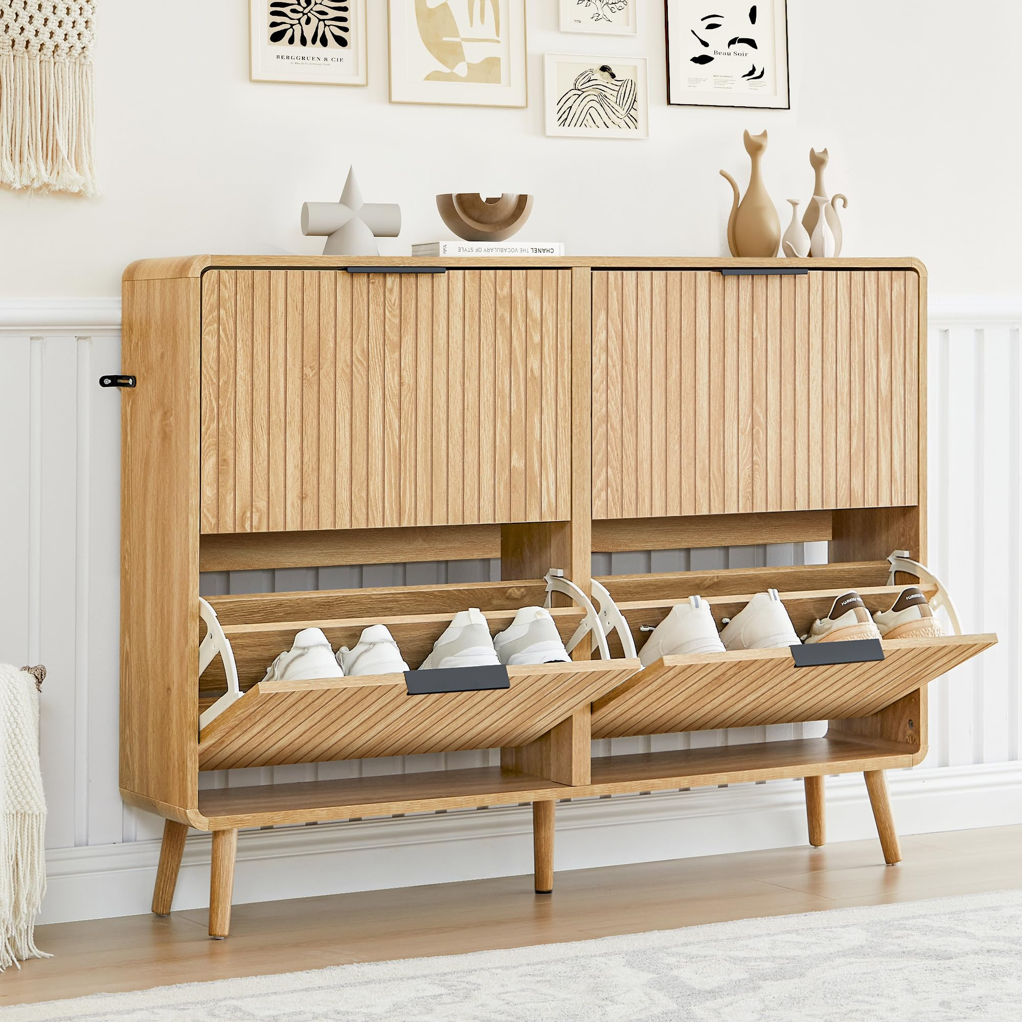 47" Fluted Large Shoe Cabinet with 4 Flip Drawers, Slim Freestanding Shoe Cabinet Organizer, Narr... | Amazon (US)