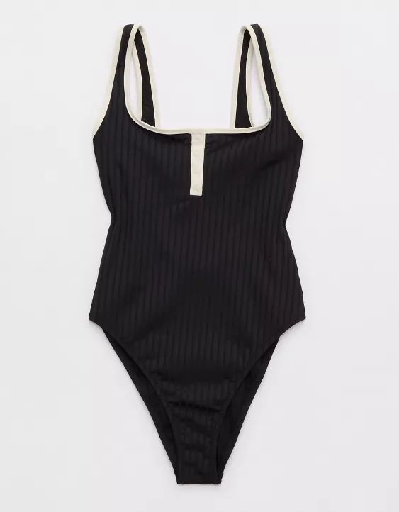 Aerie Wide Rib Henley Cheeky One Piece Swimsuit | Aerie