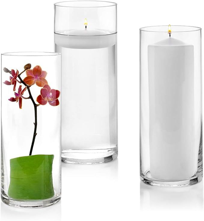 Set of 3 Glass Cylinder Vases 10 Inch Tall - Multi-use: Pillar Candle, Floating Candles Holders o... | Amazon (US)