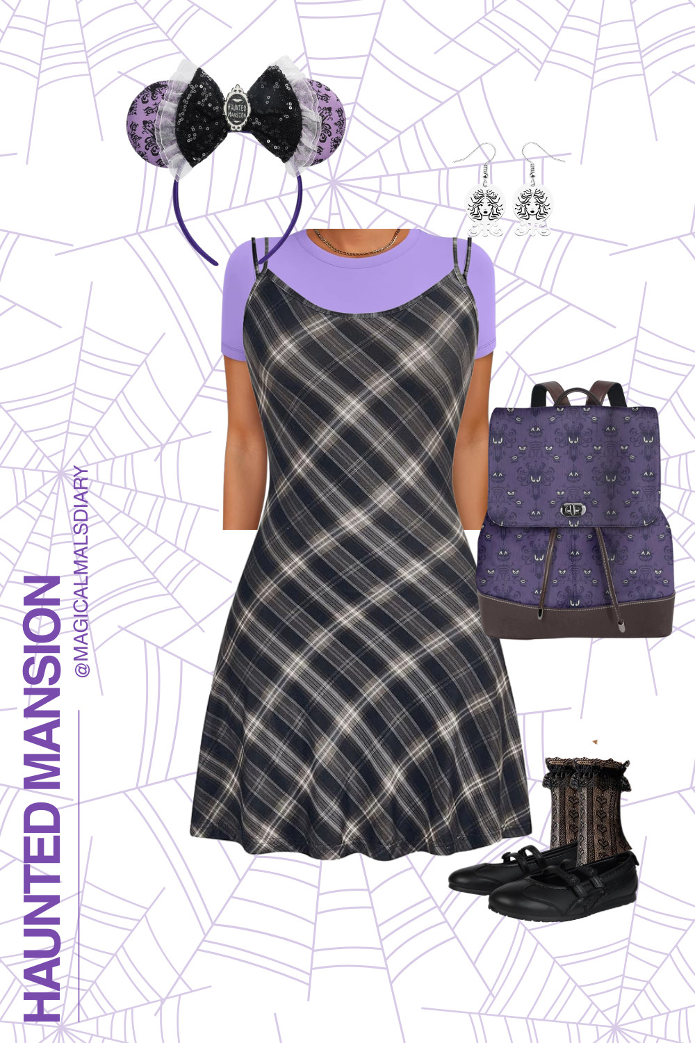 Foolish mortals, this Haunted Mansion look is calling! 🖤💜 I layered a moody plaid slip dress over a lavender tee for that grunge-meets-spooky vibe, then added Madame Leota earrings, Haunted Mansion ears, and the coolest wallpaper-print backpack. It's eerie-cute, comfy, and perfect for a Magic Kingdom day. Tap to shop every piece!  

 