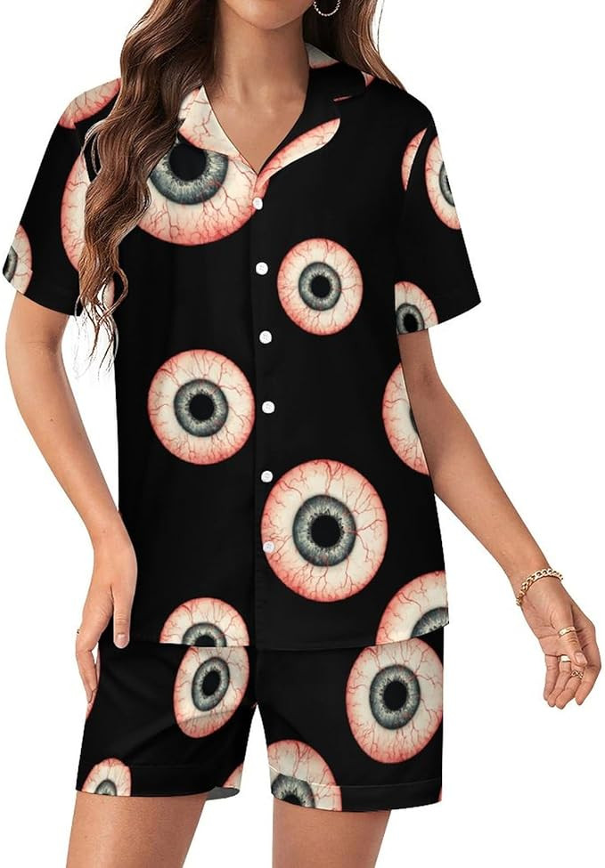 Red Eyeball Satin Pajamas For Women Set Botton Down Short Sleeves Silk Sleepwear | Amazon (US)