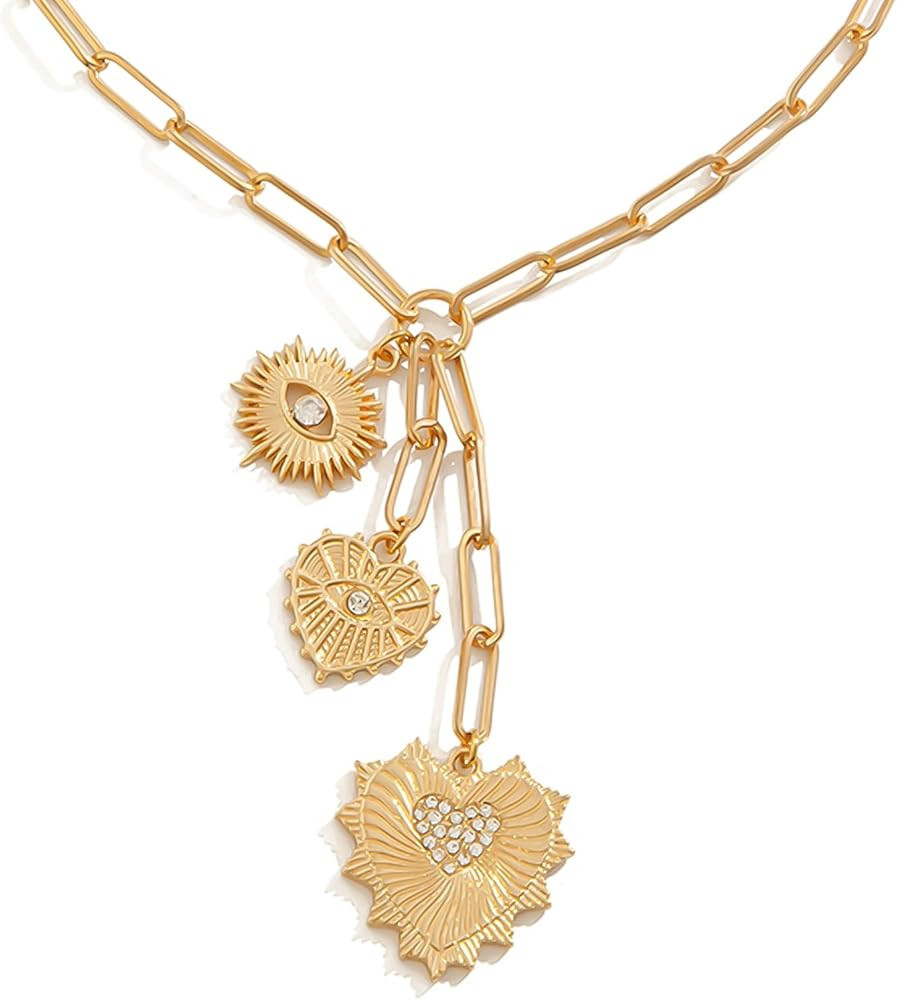 HETICA Chunky Gold Necklace for Women - Evil Eye Heart Charm Necklace Zirconia Charm Necklace Fas... | Amazon (US)