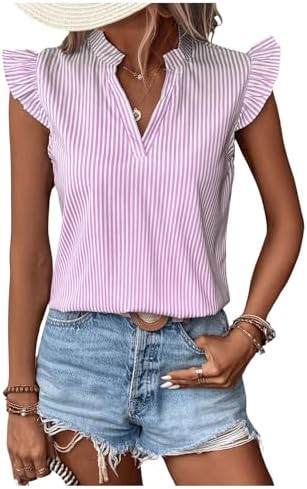 Floerns Women's Striped Ruffle Cap Sleeve Tops Summer Blouse Tops V Neck Business Causal Work Out... | Amazon (US)