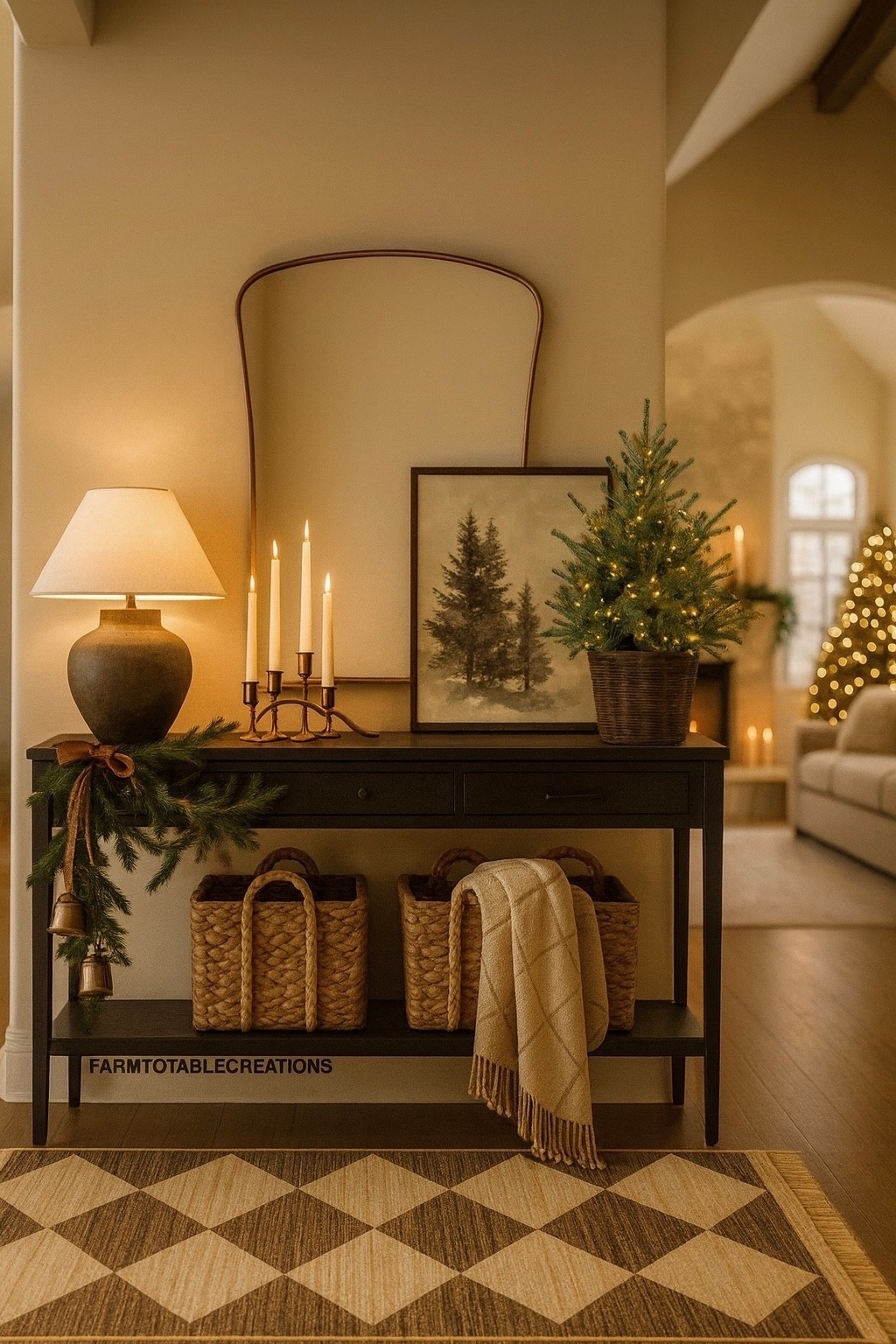 Cozy Holiday Entryway Styling

Follow @farmtotablecreations on Instagram for more daily home styling inspiration 🤍

Use code FARMTOTABLE for 15% off artwork. 

This warm, welcoming console setup brings in quiet holiday charm with soft taper glow, a textured lamp, evergreen bells, and the sweetest potted tree. Layered baskets and a neutral throw keep everything cozy and collected—perfect styling for the winter season.

I had fun creating this AI image from one of my existing mood boards. It’s so much fun to see these images come to life. Some items linked are exact and some similar.

#entrywaydecor #consoletabledecor #holidayhomedecor #christmasdecorideas #winterstyling #ltkhome #neutralchristmas #cozyhomeideas #decorinspo

#LTKSaleAlert #LTKHome #LTKHoliday