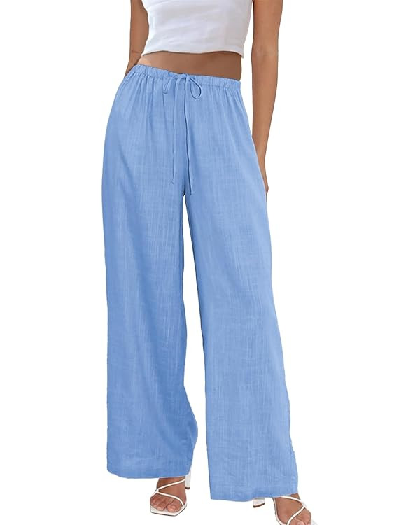 Duyang Womens Cotton Linen Palazzo Pants Drawstring Elastic Waist Casual Wide Leg Trousers with P... | Amazon (US)