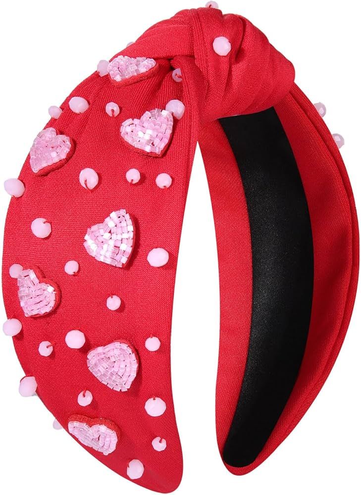MOLOCH Valentine's Day Headband for Women Glitter Pink Heart Knotted Headbands Jeweled Crystal Pi... | Amazon (US)