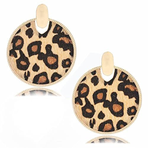 Leopard Print Earrings for Women Cheetah Fur Leather Diac Dangle Drop Earrings for Women (Round Drop Earrings) | Amazon (US)