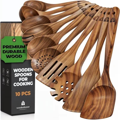 Wooden Spoons For Cooking, 10 Pcs Wooden Cooking Utensils Set – Wooden Utensil Set For Nonstick Pans & Cookware – Teak Wood - Sturdy, Lightweight & He | Wayfair North America
