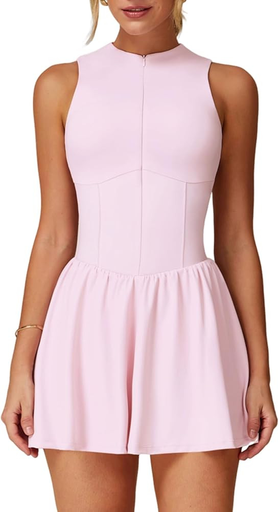Womens Tennis Golf Dress with Built-in Bra Shorts Zipper Slim Fit A-line Hem Skirt Athletic Dress... | Amazon (US)