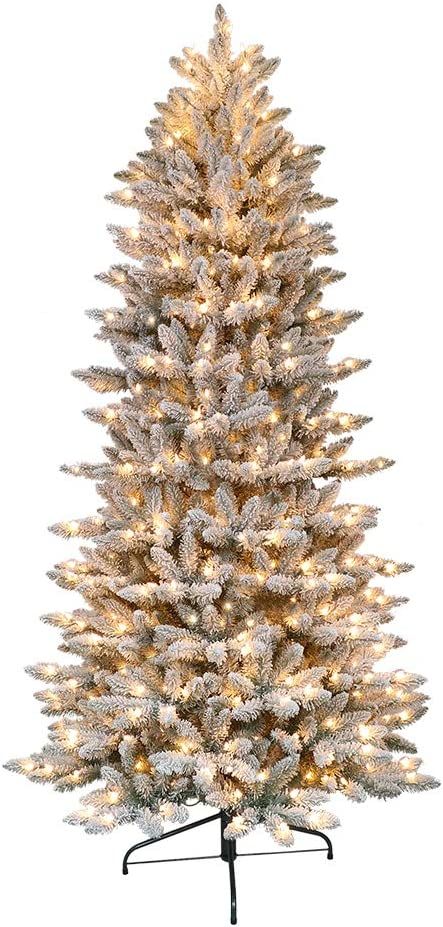 Puleo International 6.5 Foot Pre-Lit Slim Flocked Fraser Fir Artificial Christmas Tree with 350 C... | Amazon (US)