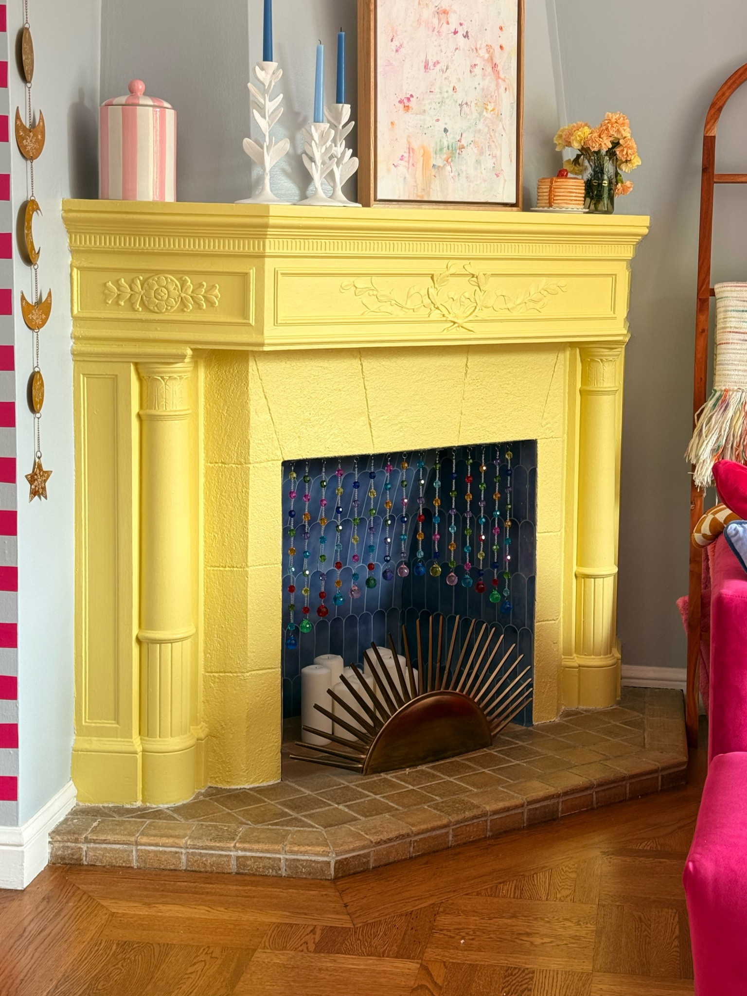 Fireplace makeover!! Peel and stick tiles and beaded curtain made such a big difference!! 
#diy #homedecor 

#LTKdayinmylife #LTKHome