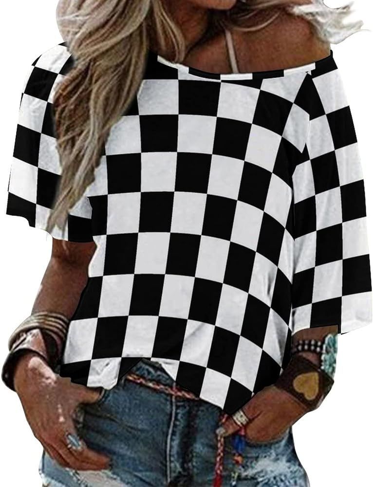 Ykklima Black White Race Checkered Flag Pattern Womens Tops Sexy Off Shoulder Shirts Casual Short... | Amazon (US)