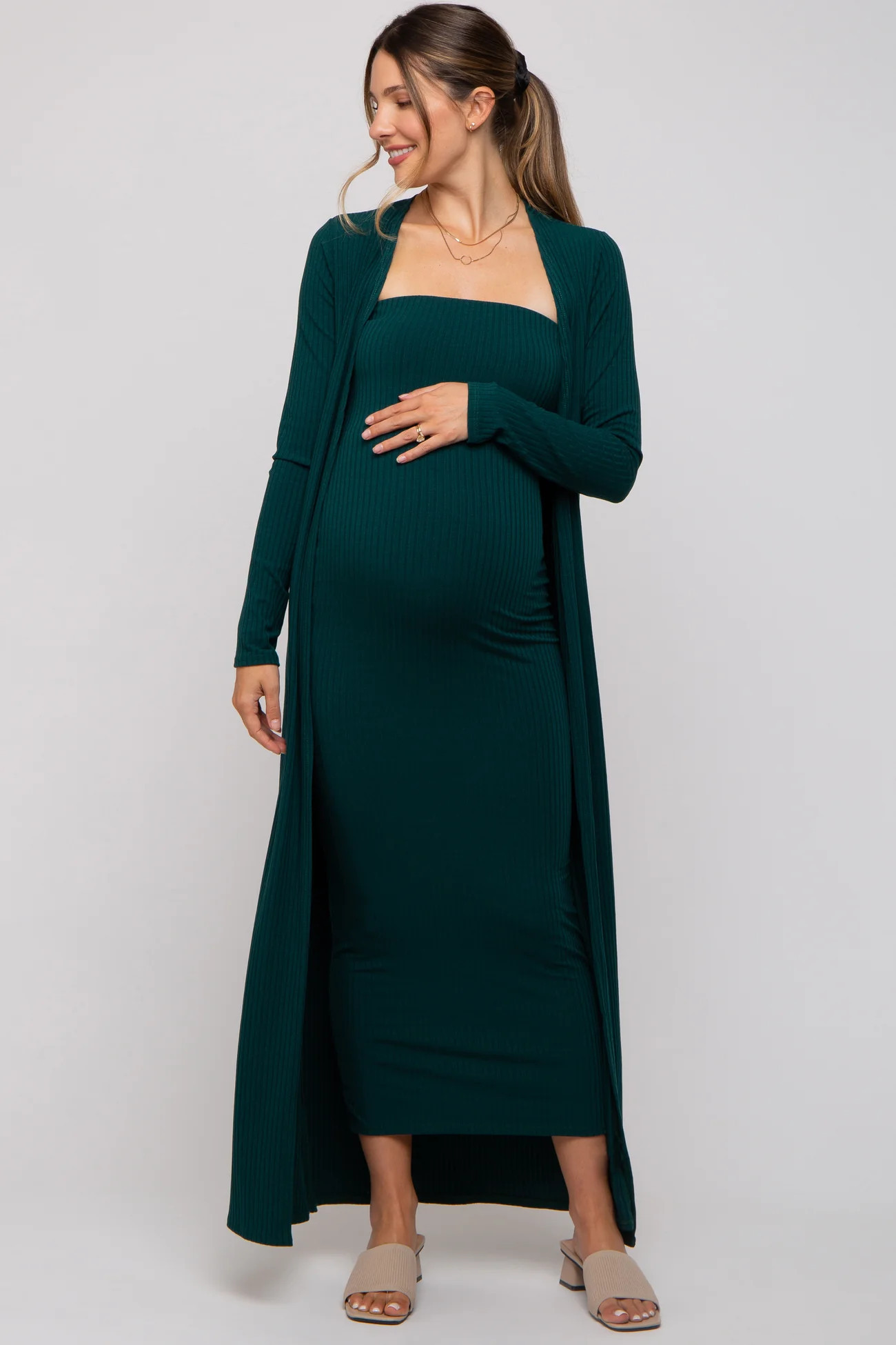 Light Blue Ribbed Sleeveless Dress Cardigan Maternity Set | PinkBlush Maternity