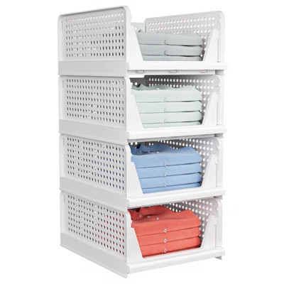 4 Pack Stackable Closet Storage Basket - Stackable Storage Bins, Multifunctional & Foldable Closet Organizer, White | Wayfair North America