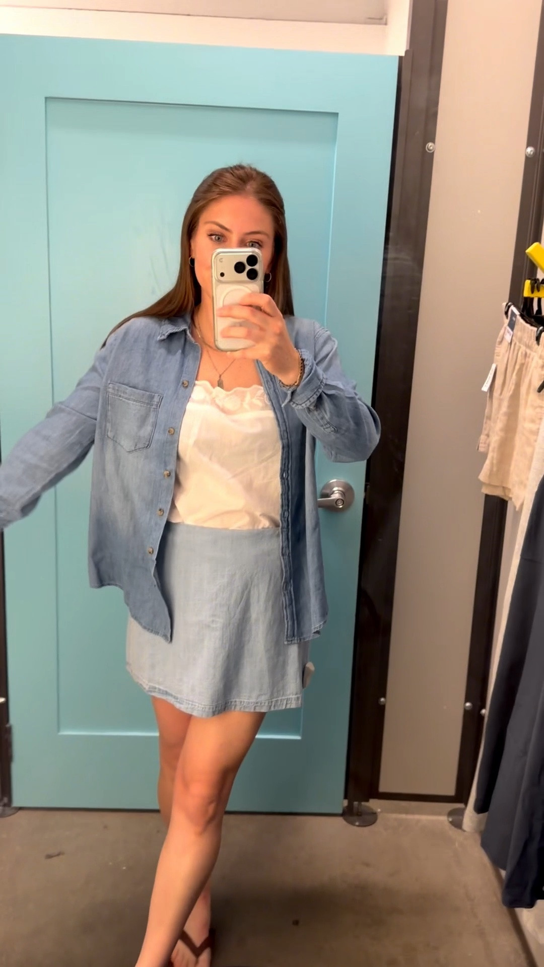 | the Jean skirt I will be living in | summer outfit ideas | denim on denim | neutral outfits | button down shirts | white blouse | scalloped tank |

#LTKootd #LTKmomlife #LTKSaleAlert