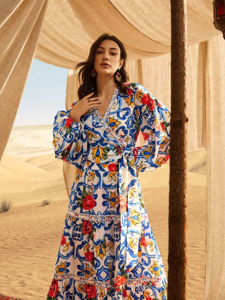 SHEIN Mulvari Floral Print Tape Detail Wrap Belted Blouse | SHEIN
