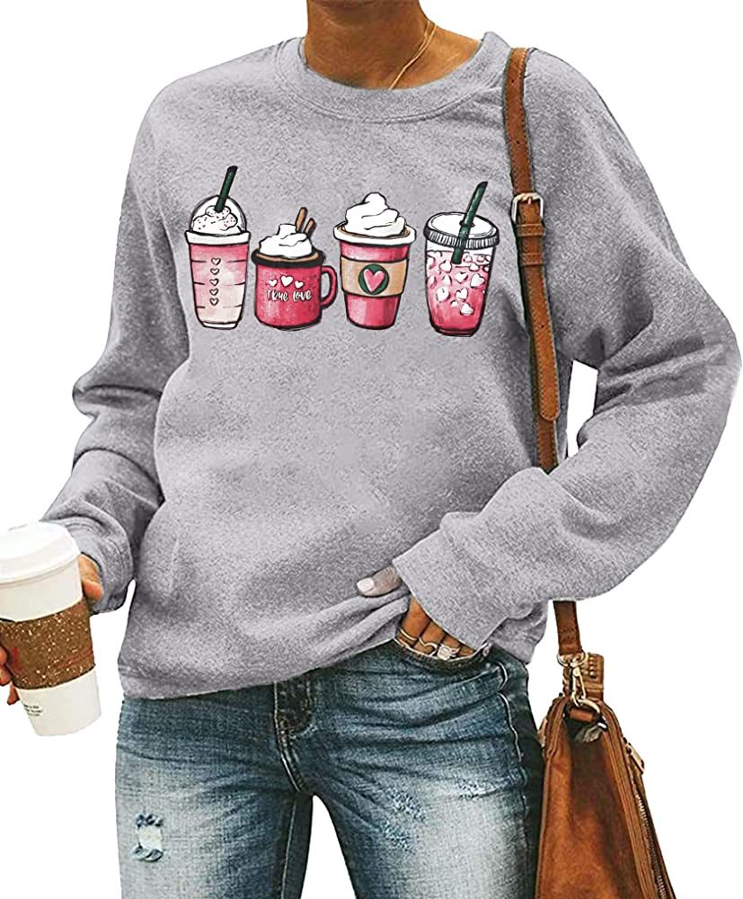 VVNTY Valentine's Day Sweatshirt Women Valentine Coffee Shirts Cute Coffee Heart Graphic Pullover... | Amazon (US)