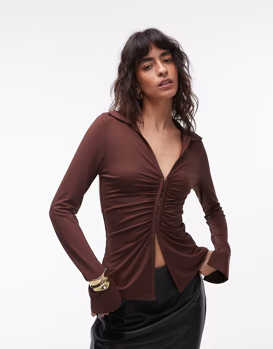 ASOS DESIGN slinky ruched hook and eye longline top in chocolate-Brown | ASOS (Global)