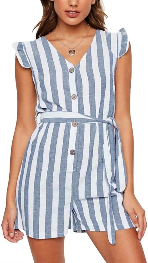 MYHALF Women Casual Striped Sleeveless Short Romper Jumpsuit with Belted | Amazon (US)