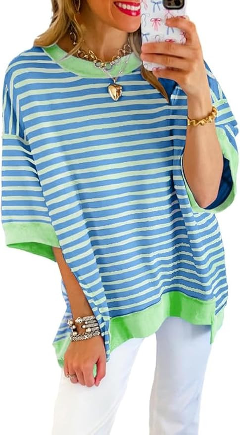 SHEWIN Womens Tops Casual Short Sleeve Sweatshirt Striped Shirt Crewneck Pullover T Shirts Loose ... | Amazon (US)
