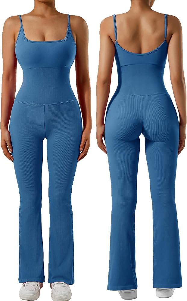 SUUKSESS Women Ribbed Flare One Piece Jumpsuits Seamless Padded Sexy Jumpsuit | Amazon (US)