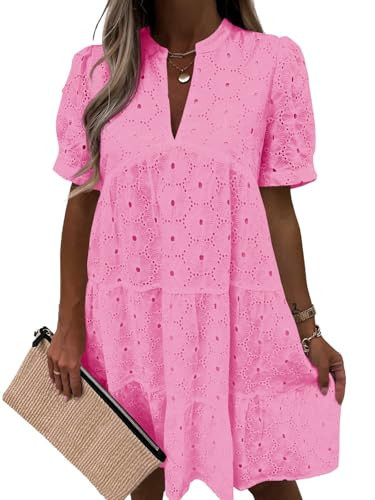 Imily Bela Womens Summer Lace Dresses Eyelet Casual Flowy Babydoll Swing Short Sleeve V Neck Tunic Dress Bright Pink | Amazon (US)