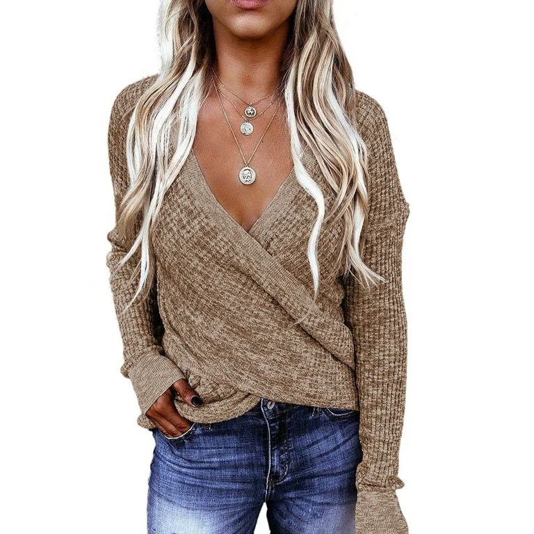 Dokotoo Womens Khaki Long Sleeve Knit Sweater Wrap Front Tops Pullover Jumpers Size Large US 12-1... | Walmart (US)