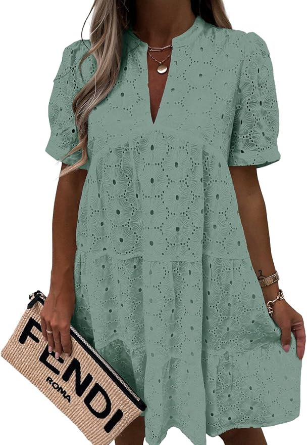 Imily Bela Womens Summer Lace Dresses Eyelet Casual Flowy Babydoll Swing Short Sleeve V Neck Tuni... | Amazon (US)