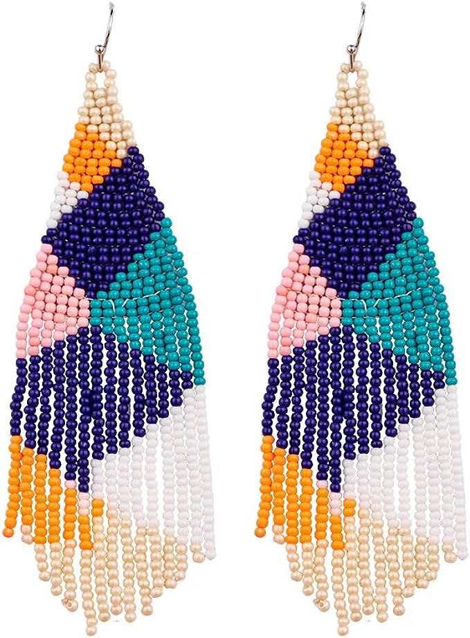 Luluping Long Beaded Dangle Earrings – Boho Native Handmade Seed Bead Tassel Earrings for Women... | Amazon (US)