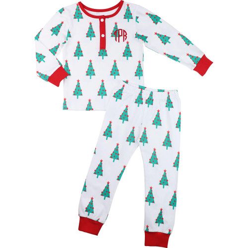 Red And Green Christmas Tree Print Knit Pajamas | Cecil and Lou