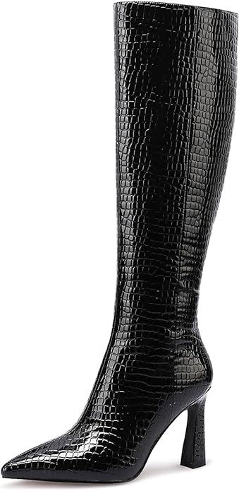 MIRAAZZURRA Women Knee High Boots Chunky High Heel Pointed Toe Boot for Women with Side Zipper | Amazon (US)