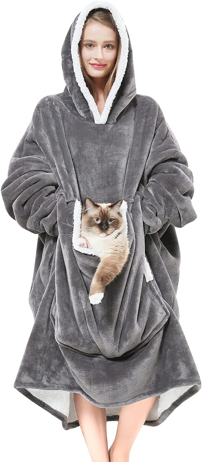 Wearable Blanket Hoodie with Giant Pocket （Pet Won't Leave） Extra Soft Sherpa Fleece Thick Wa... | Amazon (US)