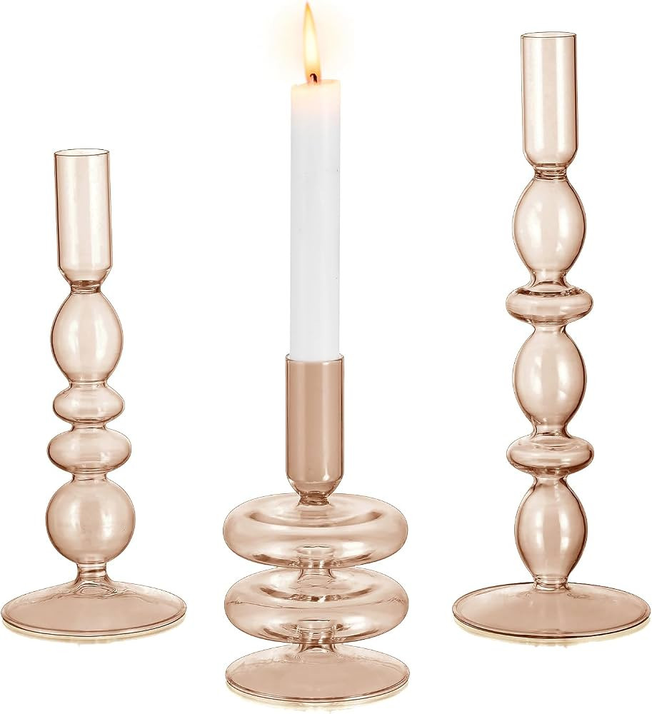 Glasseam Amber Glass Candle Holders: Tall Skinny Candle Holders Set of 3, Modern Candle Holders f... | Amazon (US)