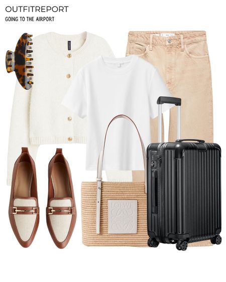 Travel airport outfit loafers white tee tshirt cardigan beige brown camel denim jeans and Loewe tote handbag  

#LTKstyletip #LTKshoecrush #LTKitbag