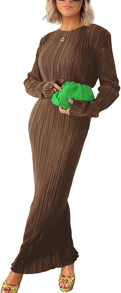 Annystore Women's Long Sleeve Loose Dress Pleated Crew Neck Slim Bodycon Plain Casual Maxi Dresse... | Amazon (US)