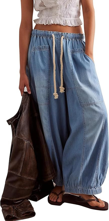 D-Sun Women Casual Wide Leg Jeans Pull On Drawstring Loose Barrel Jeans Baggy Elastic Waist Fashi... | Amazon (US)