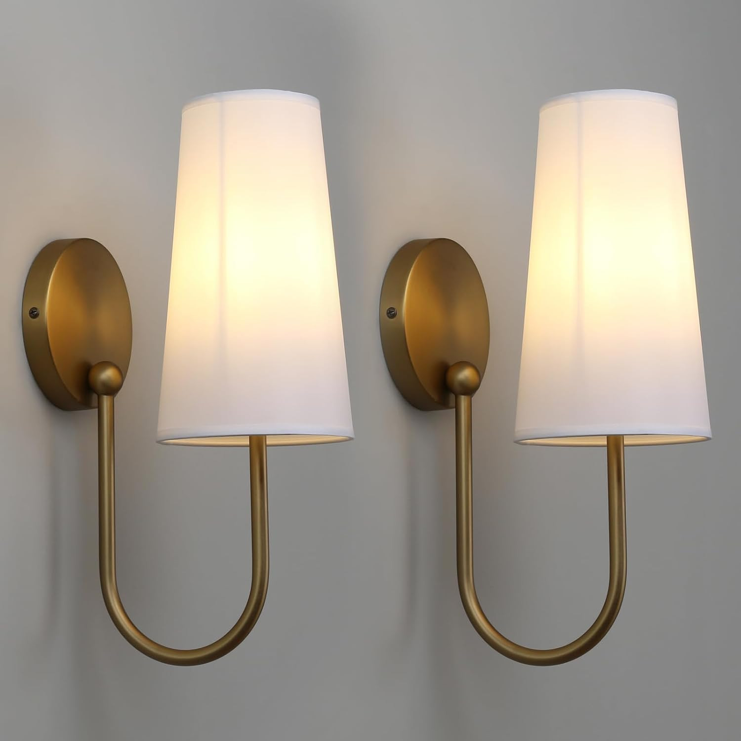 Brass White Fabric Shade Wall Sconce Set of 2, Vintage Industrial Hardwired Gold Boho Wall Mounte... | Amazon (US)