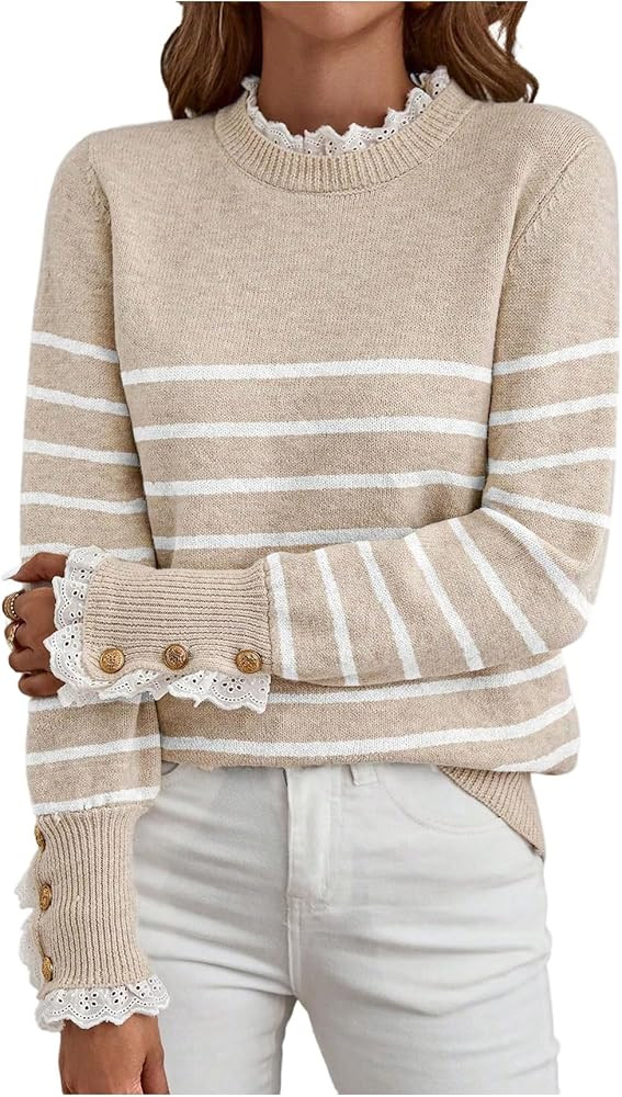 MakeMeChic Women's Fall Sweaters Lace Peplum Mock Neck Cozy Sweater Pullover | Amazon (US)